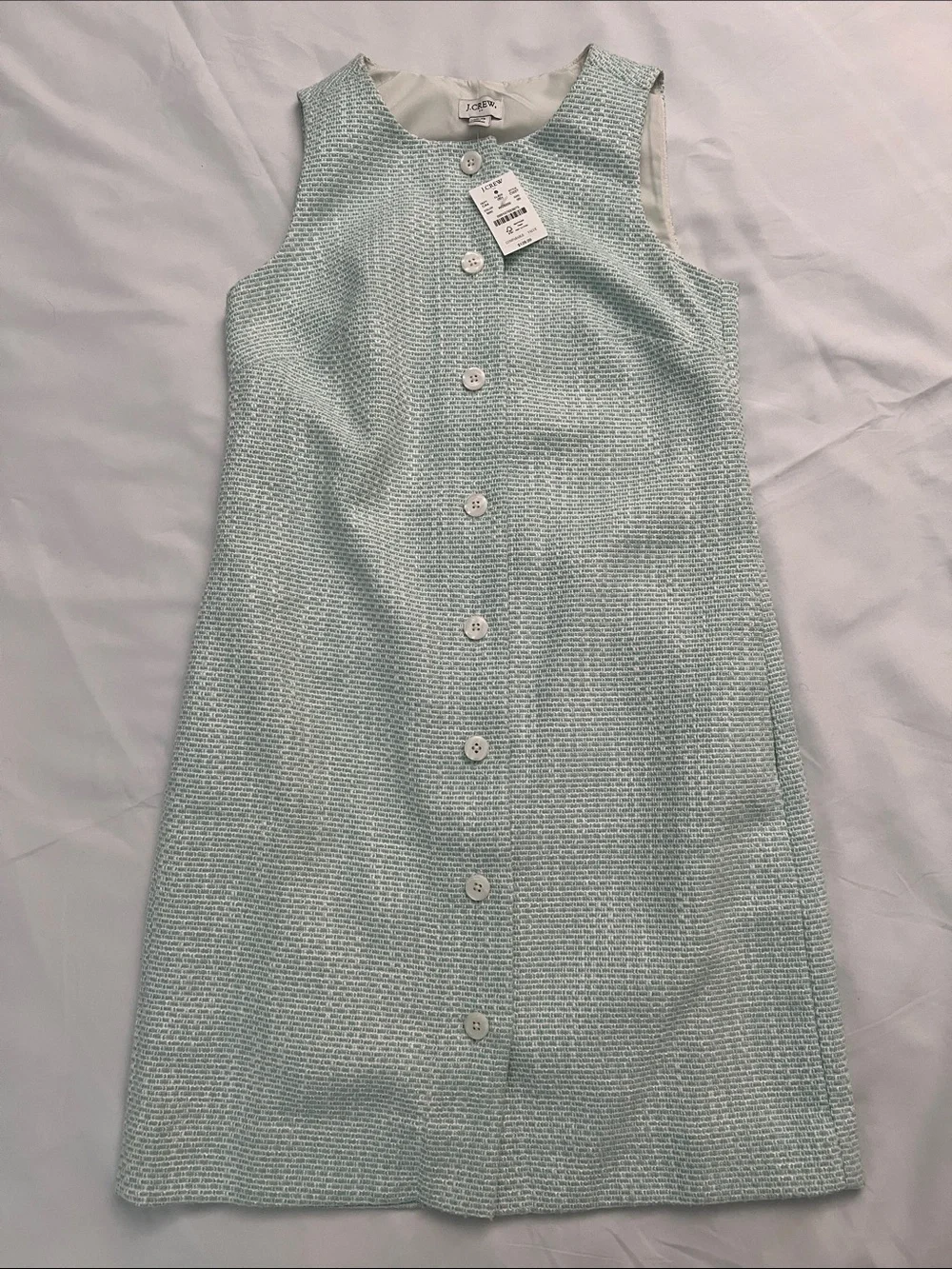 J.Crew NWT Size 00 Mint Green Tweed Button Front Sleeveless Mini Dress $128